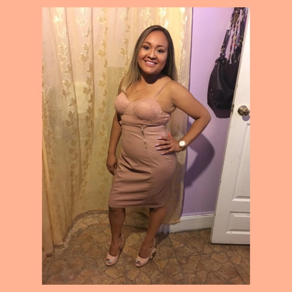 Nude strappy faux leather midi dress.